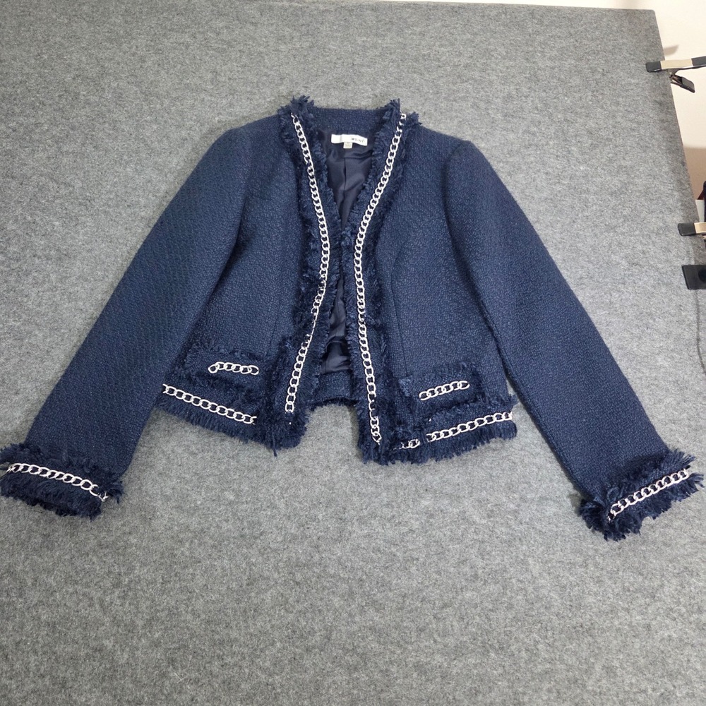 WD NY Tweed Jacket Womens M Navy Silver Chain Fringe Boucle Open Front Blazer